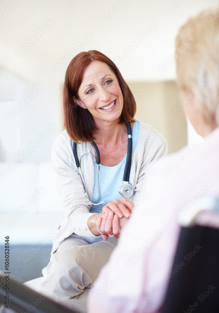 Fototapeta premium Holding hands, healthcare and smile with old woman and doctor for rehabilitation, consulting or support. Medical, retirement home and trust with senior patient and nurse for elderly care monitor