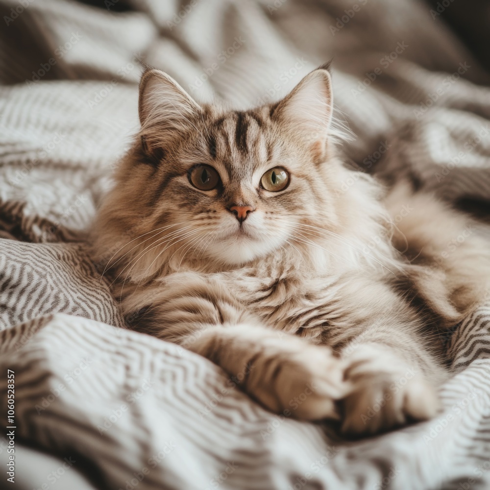 Beautiful fluffy cat lying on a cozy bed, paws stretched forward, looking at the camera with a serene expression Beautiful fluffy cat lying on a cozy bed, paws stretched forward, looking at the camera with a serene expression