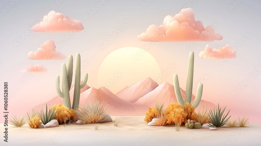 Obraz premium Desert landscape showcases vibrant cacti and majestic mountains under a serene sunset