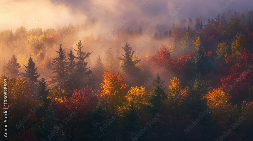 Naklejka premium Early morning autumn light near Killington, Vermont. Photo taken on a calm tranquil colorful morning during the peak autumn foliage season. Vermont's beautiful fall foliage ranks with the best in New