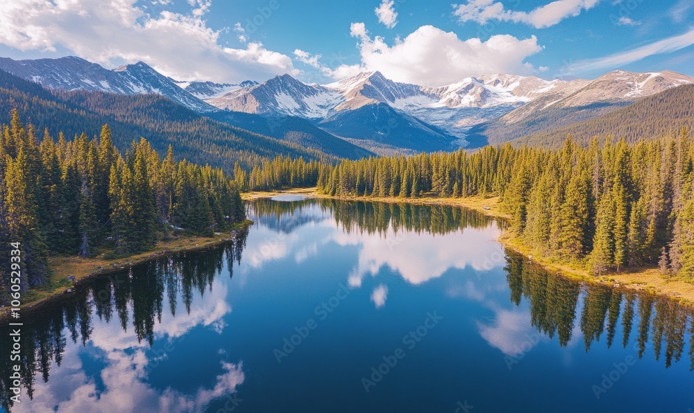 Majestic aerial view of a serene mountain lake surrounded by pine forests, with snow-capped peaks reflected in the still water Majestic aerial view of a serene mountain lake surrounded by pine forests, with snow-capped peaks reflected in the still water