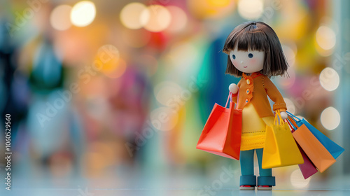 Little girl doll holding shopping bags in blurred mall background