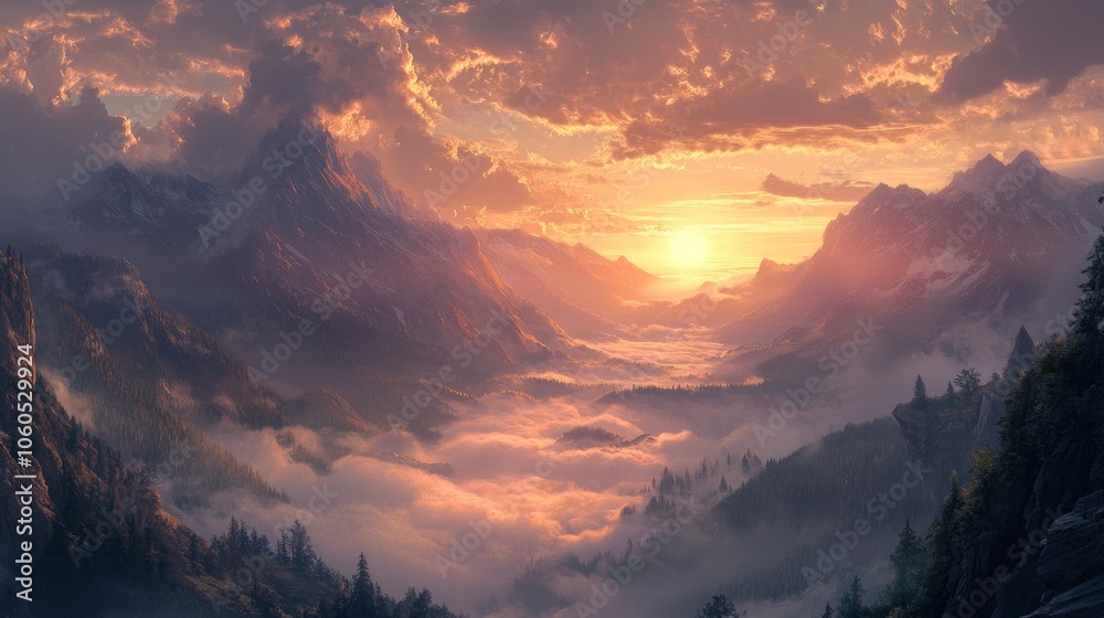 A breathtaking view of a sunrise casting a warm glow over a mist-covered mountain landscape A breathtaking view of a sunrise casting a warm glow over a mist-covered mountain landscape