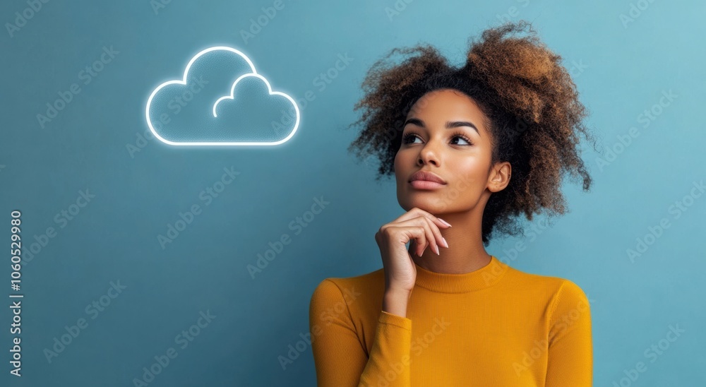 Young woman in thoughtful pose with cloud illustration on wall