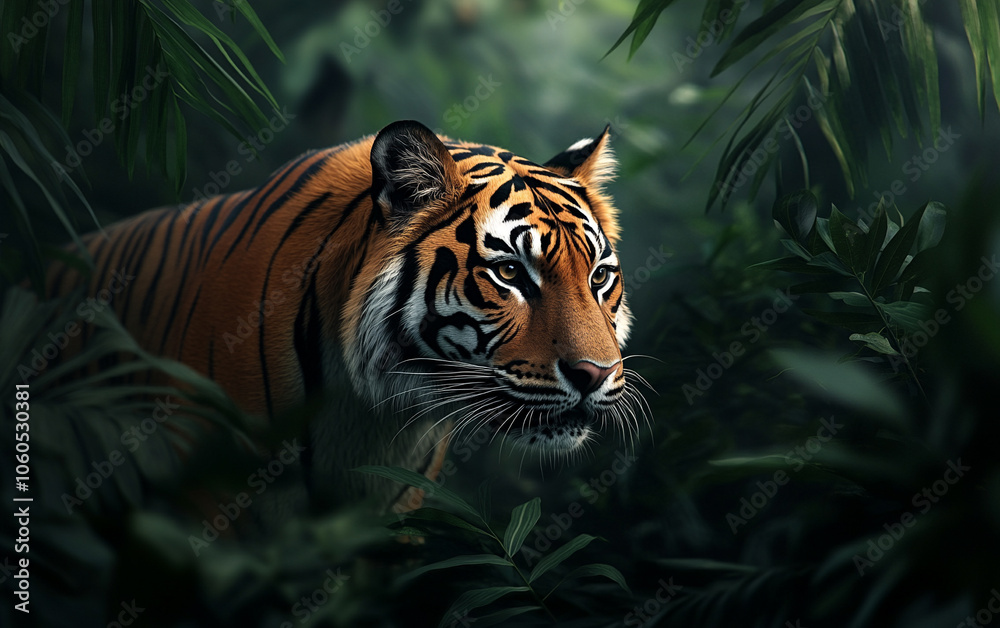 Tiger prowling through dense jungle foliage, capturing its majestic allure. Tiger prowling through dense jungle foliage, capturing its majestic allure.