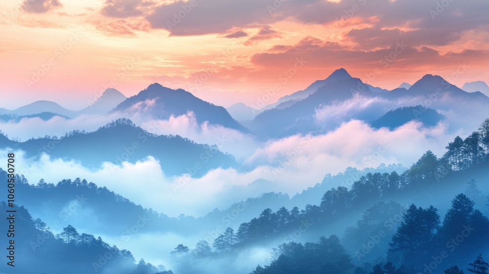 Beautiful landscape with fog and low clouds on mountain range and forest Beautiful landscape with fog and low clouds on mountain range and forest