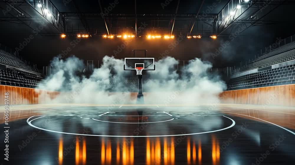 Empty basketball court with smoke and lights. Seamless looping video background animation. Generated with AI

