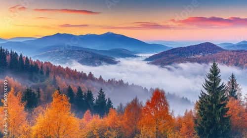 Beautiful landscape with fog and low clouds on mountain range and forest 