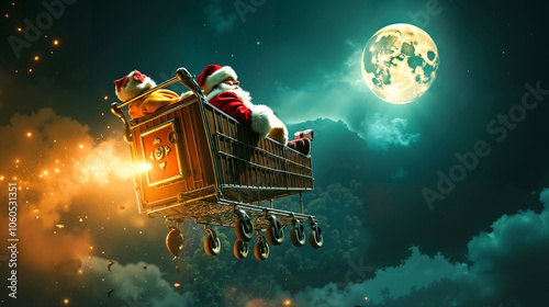 A santa claus sitting in a shopping cart with a full moon in the background