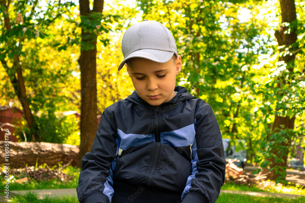 A small sad boy is sitting alone in the park A small sad boy is sitting alone in the park