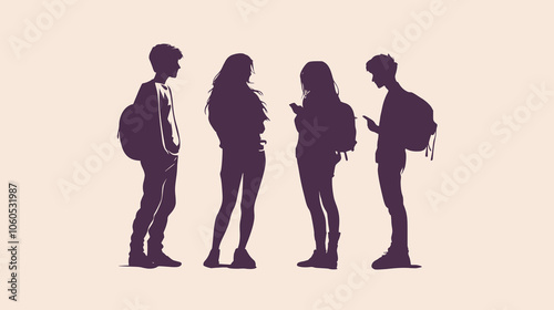 Silhouettes of teenagers hanging out. on a plain background.