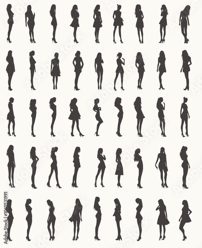 Vector collection of female silhouettes in various poses and emotions, full-body figures wearing high heels, against a white background.