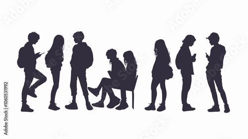 Silhouettes of teenagers hanging out. on a plain background.