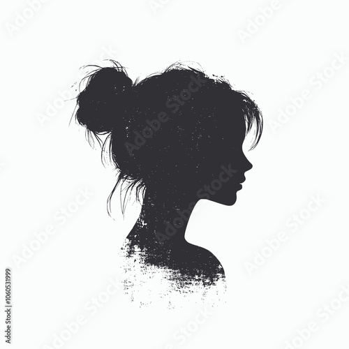 Solid silhouette of the head and shoulders of a medium-sized woman in profile with a messy bun hairstyle on a white background