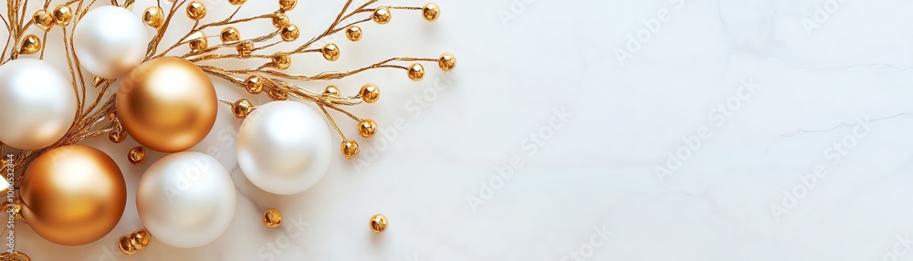 Elegant arrangement of golden and white ornaments on a soft background, perfect for festive and celebratory themes. Elegant arrangement of golden and white ornaments on a soft background, perfect for festive and celebratory themes.