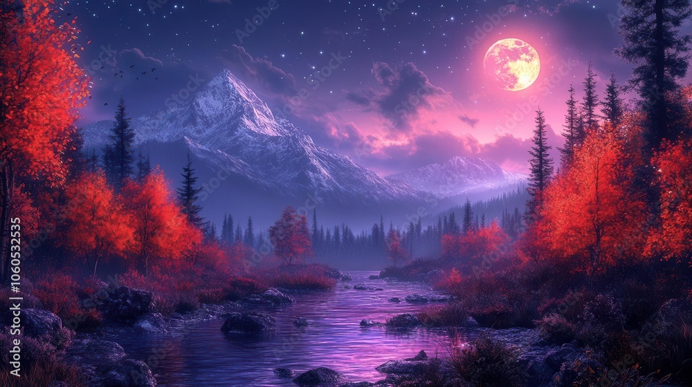 a mesmerizing fall forest transforms into a nocturnal wonderland with vibrant autumn foliage glowing under the moonlight creating a captivating scene of tranquility and beauty