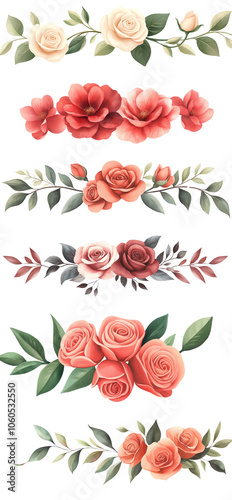 Beautiful floral borders featuring varying roses and leaves, white isolate background. transparent background
