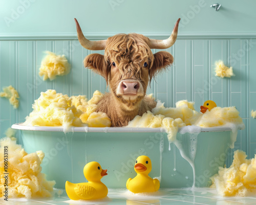 Cute highland cow in bathtub surrounded by fluffy foam and rubber ducks, creating whimsical and playful scene