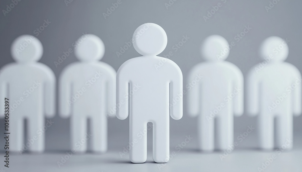 A group of minimalist figurines stands in a row, featuring one prominent central figure, all against a subtle gray background. A group of minimalist figurines stands in a row, featuring one prominent central figure, all against a subtle gray background.