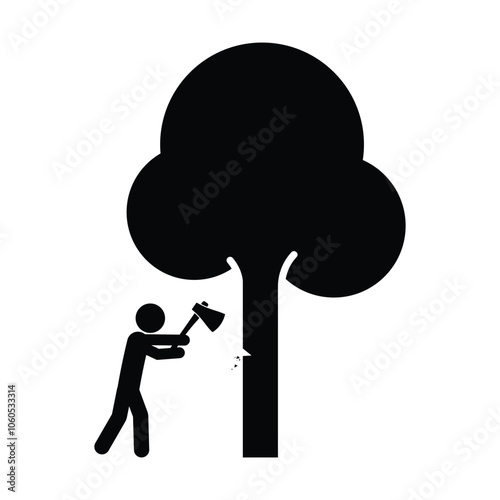 Isolated pictogram man cut the tree,  for deforestation not allowed label, stop use Forrest wood sign