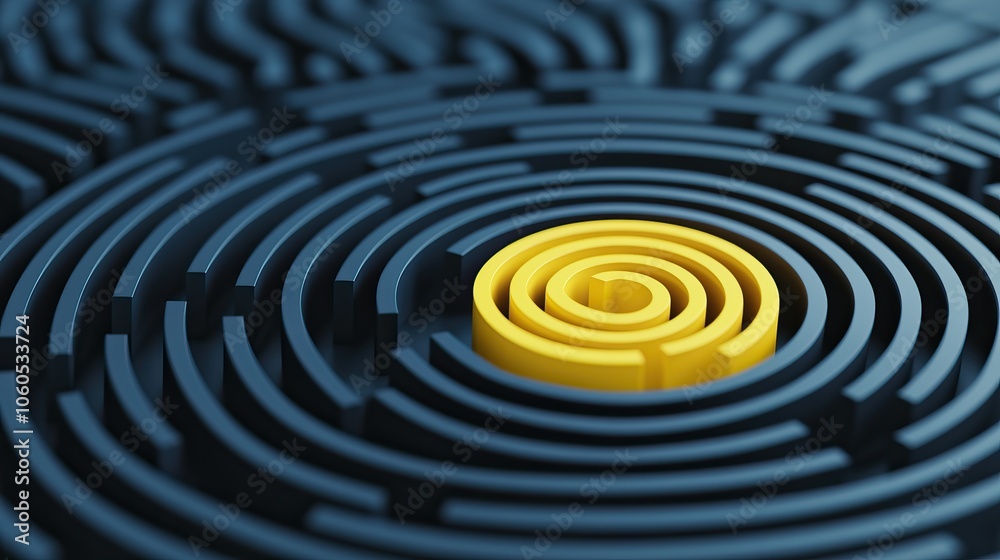 Fototapeta premium The image features a yellow spiral amidst dark, intricate circular patterns, symbolizing focus or clarity within complexity.