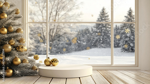 Christmas tree and decoration podium background for product presentation photo