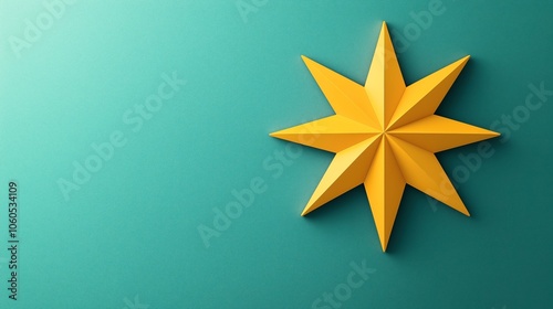 Abstract 3D yellow star with eight points on a textured teal background. The star's geometric design creates shadows and a sense of depth.