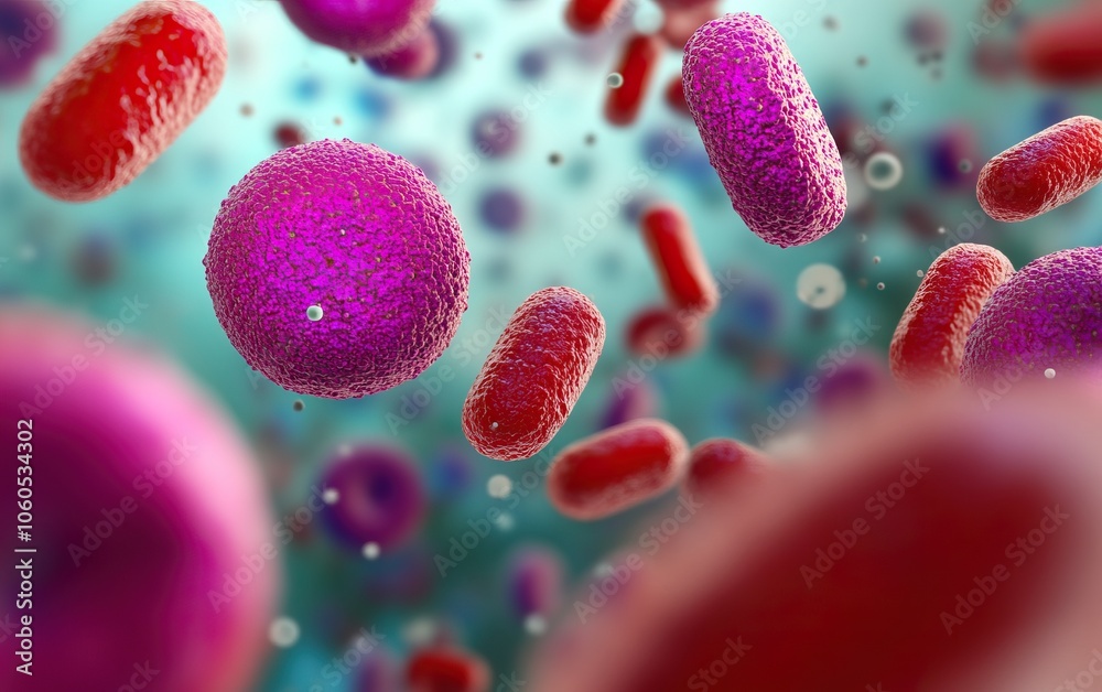 A vibrant microscopic view showcasing various bacteria in shades of purple and red against a blurred background. A vibrant microscopic view showcasing various bacteria in shades of purple and red against a blurred background.