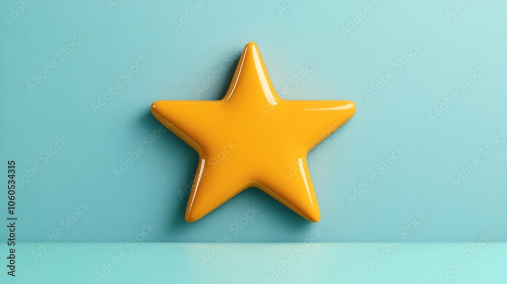 Obraz premium Yellow glossy star shape on blue background with soft shadows and reflections for a colorful and minimalistic design concept.