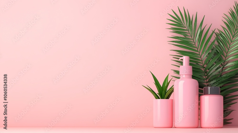 A serene display featuring pink cosmetic bottles, a small green plant, and palm leaves against a soft pink background. A serene display featuring pink cosmetic bottles, a small green plant, and palm leaves against a soft pink background.