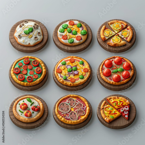 Delight in this colorful 3D rendering of various pizza designs, showcasing variety of toppings and styles, perfect for food lovers and culinary enthusiasts