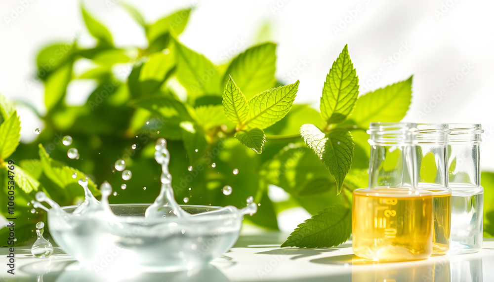 Cosmetic skincare background. Herbal medicine with green leaves. Natural sunlight, long shadows. Splashes of water, splashes. Chemical glassware, petri dishes, vials. Natural skincare background iso Cosmetic skincare background. Herbal medicine with green leaves. Natural sunlight, long shadows. Splashes of water, splashes. Chemical glassware, petri dishes, vials. Natural skincare background iso