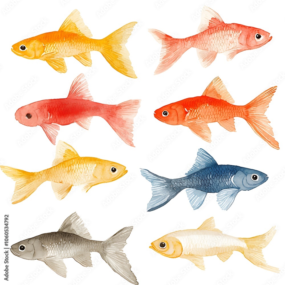 Fototapeta premium Watercolor illustration of six goldfish in various colors.