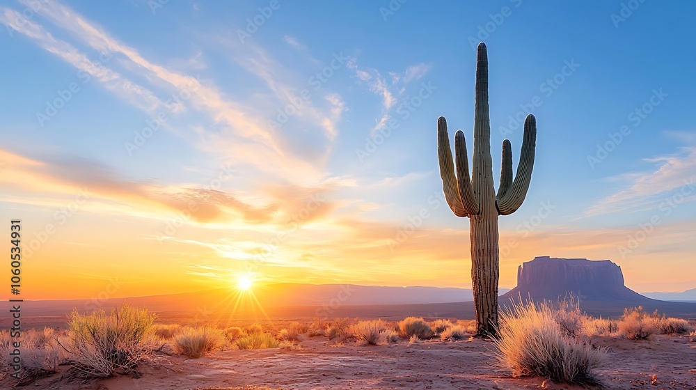 Stunning sunset illuminates majestic saguaro cactus against monument valley landscape Stunning sunset illuminates majestic saguaro cactus against monument valley landscape
