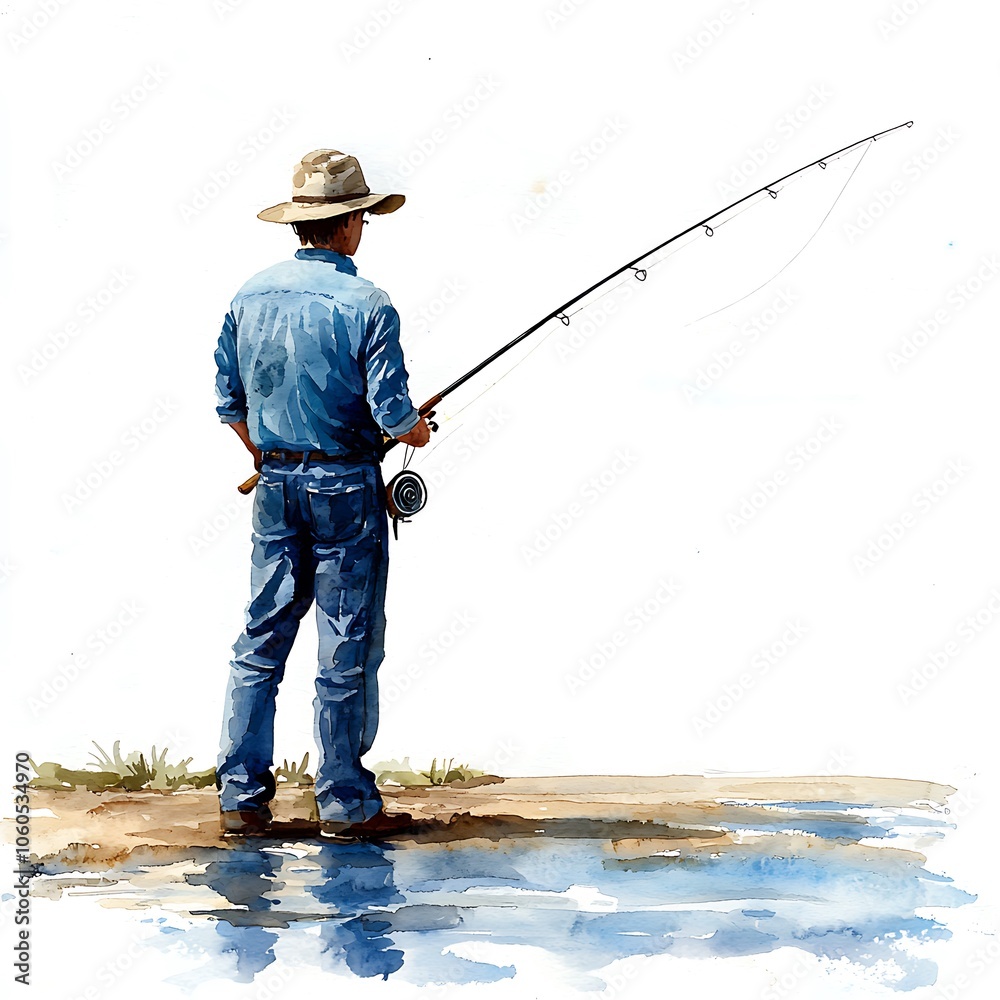 Watercolor Illustration of a Man Fishing by a River. Watercolor Illustration of a Man Fishing by a River.