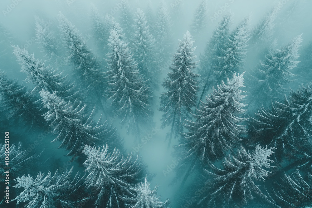 A tranquil snowy forest retreat with towering pine trees blanketed in fresh snow under a soft winter light