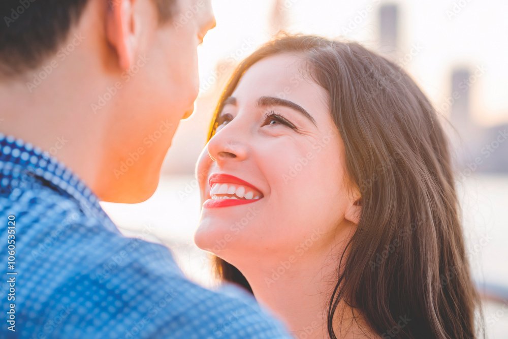 Genuine Love and Joy at Sunset. Intimate close-up portrait captured during golden hour showing genuine emotions between a couple. Genuine Love and Joy at Sunset. Intimate close-up portrait captured during golden hour showing genuine emotions between a couple.