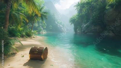 a mysterious island emerges from misty waters featuring a hidden treasure chest halfburied in the golden sand surrounded by lush tropical foliage and hinting at adventure and intrigue photo