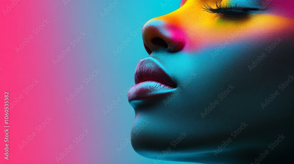 A woman's face is painted with bright colors and has a very relaxed expression A woman's face is painted with bright colors and has a very relaxed expression