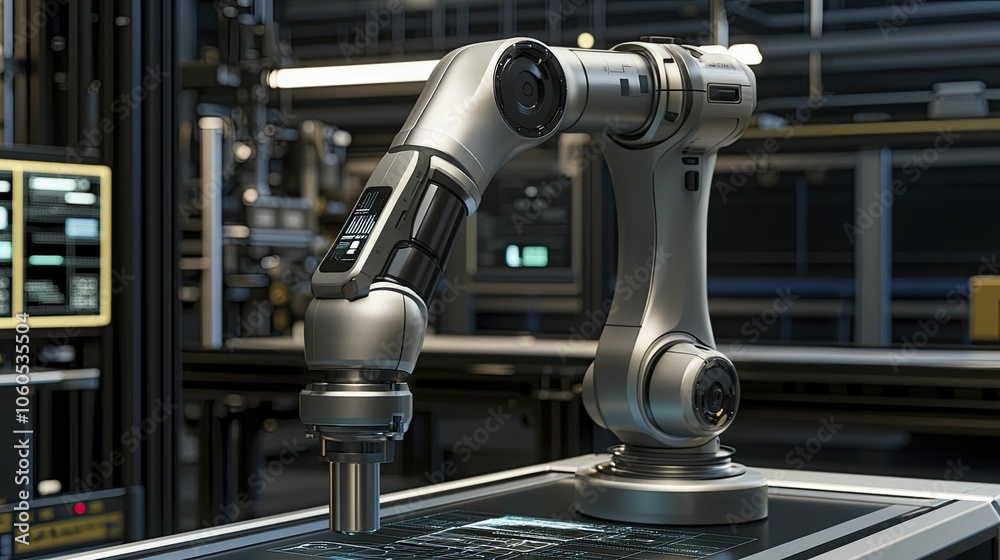 A digital twin of an industrial robot, featuring real-time data visuals, sleek metallic surfaces, and fluid camera perspectives.