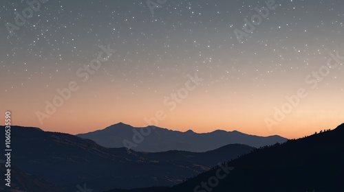 A panoramic view of a mountain range at dusk with a clear starry sky.