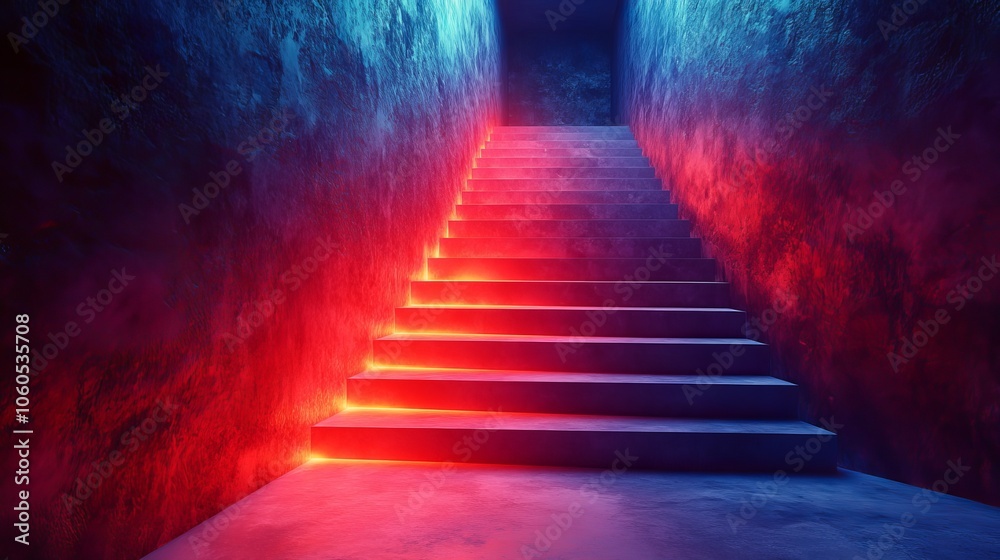 A staircase with red lights on it