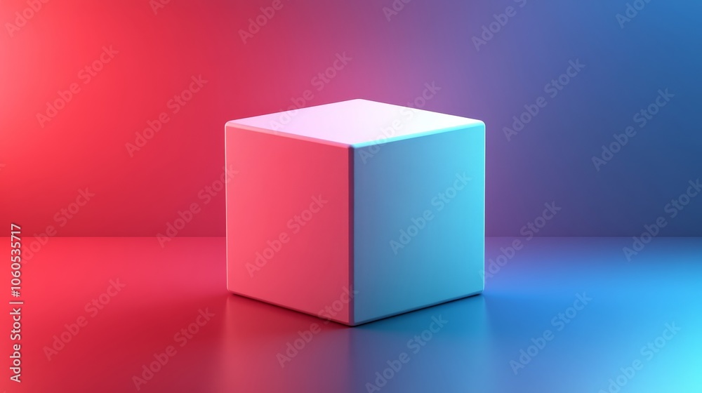 A white cube is sitting on a blue and red background A white cube is sitting on a blue and red background