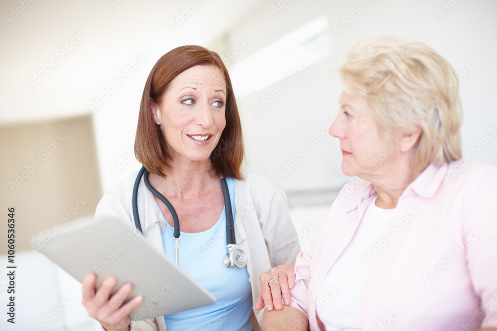 Women, patient and doctor with tablet for elderly care, consultation or medical results at clinic. Healthcare, worker or employee talking to senior person with technology for health advice or news Women, patient and doctor with tablet for elderly care, consultation or medical results at clinic. Healthcare, worker or employee talking to senior person with technology for health advice or news