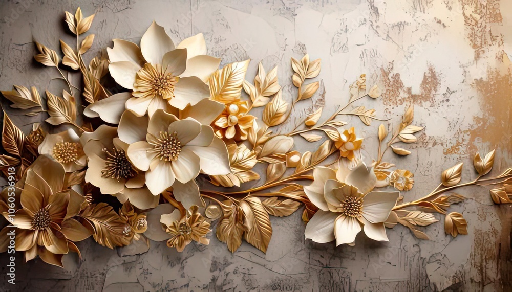 An old concrete wall featuring a 3D floral arrangement with gold accents An old concrete wall featuring a 3D floral arrangement with gold accents