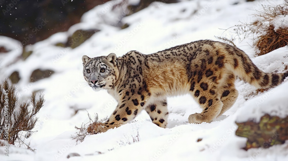 Obraz premium A snow leopard walks on a snow-covered hillside, its fur blending into the snowy landscape.