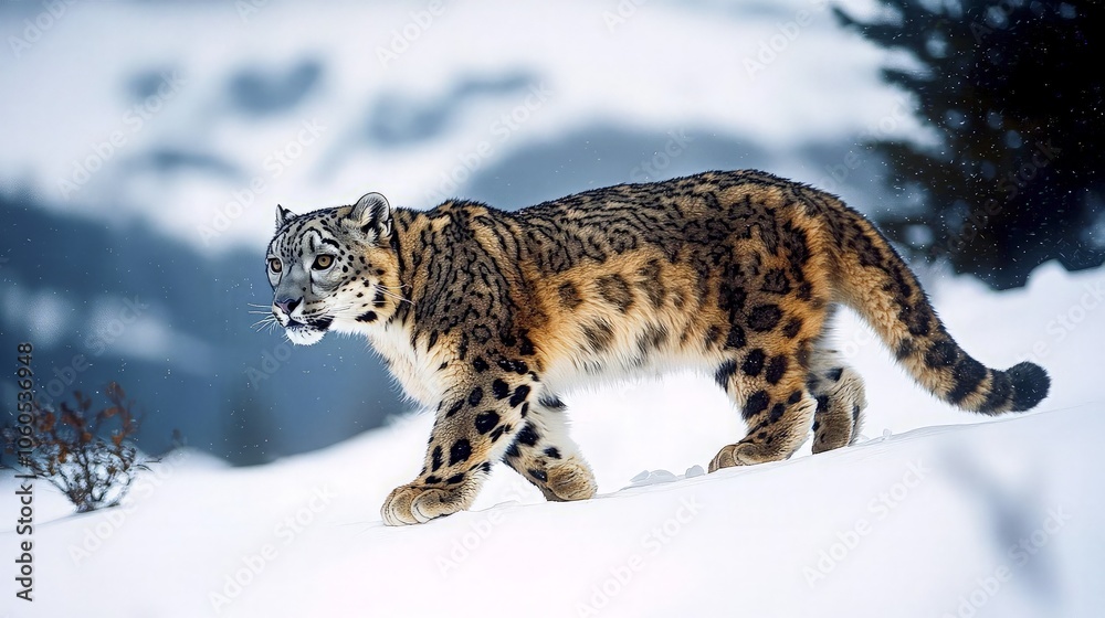 A snow leopard walks through a snowy mountain landscape.