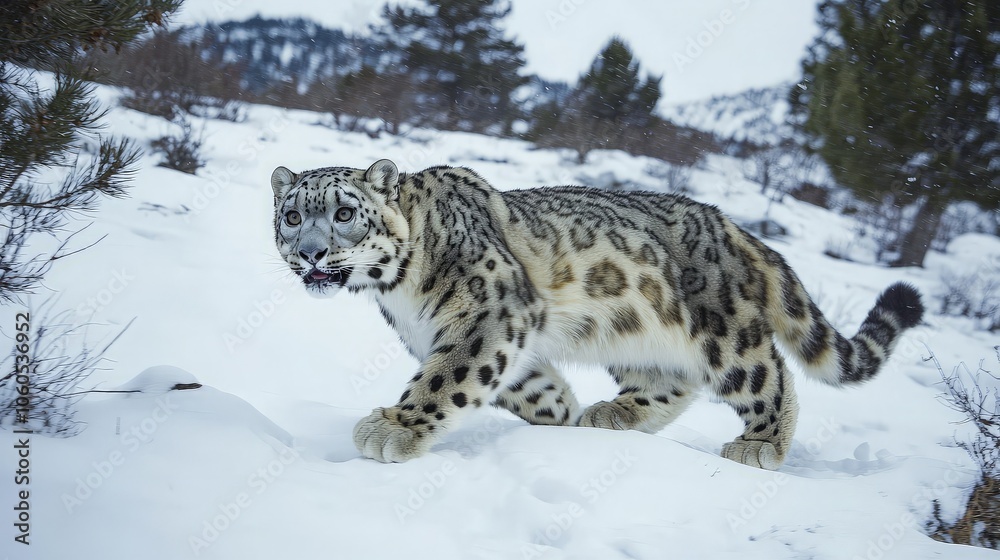 Obraz premium A snow leopard walks through the snow, its fur blending in with the snowy terrain.