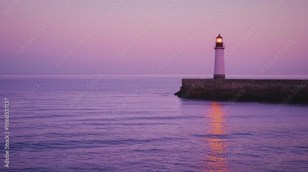 A solitary lighthouse stands tall on a rocky pier, its beacon casting a warm glow against a vibrant, pink sunset sky. A solitary lighthouse stands tall on a rocky pier, its beacon casting a warm glow against a vibrant, pink sunset sky.