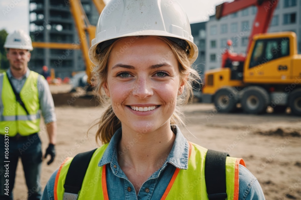 Close portrait of a smiling young Danish woman construction worker looking at the camera, Danish outdoors construction site blurred background Close portrait of a smiling young Danish woman construction worker looking at the camera, Danish outdoors construction site blurred background